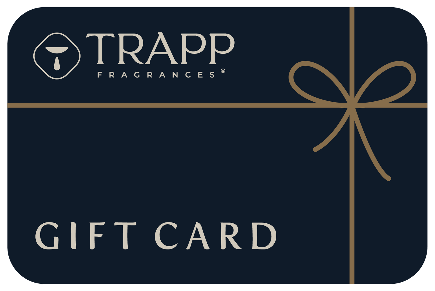 A dark navy gift card with rounded corners, featuring the TRAPP FRAGRANCES logo in white at the top left, 'GIFT CARD' in white at the bottom left, and a gold gift ribbon graphic on the right side.